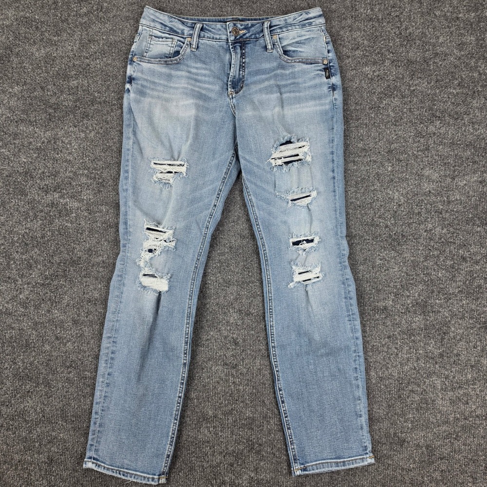Silver Boyfriend Jeans Women's 30 Mid Rise Distressed Light Wash Denim Stretch